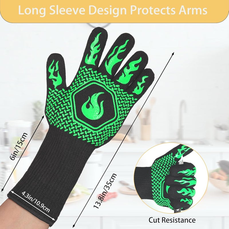 DKHDBD BBQ Fireproof Gloves, Grill Cut-Resistant Gloves 1472°F Heat Resistant Gloves, Non-Slip Silicone Oven Gloves, Kitchen Safe Cooking Gloves for Oven Mitts,Barbecue,Cooking, Frying,13.5 Inch-Green - Image 2